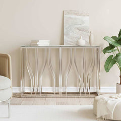 Console Table Stainless Steel and Solid Reclaimed Silver and white Glass