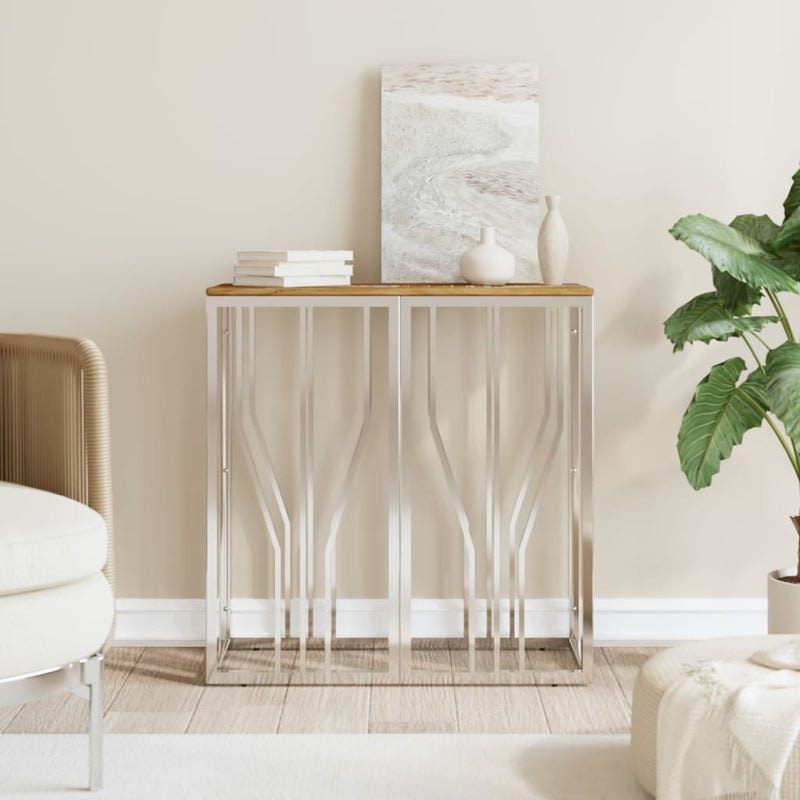 Console Table Silver Stainless Steel and Solid Wood Reclaimed