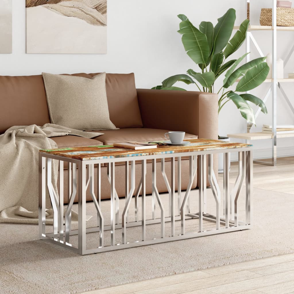 vidaXL Coffee Table Silver Stainless Steel and Solid Wood Reclaimed 1