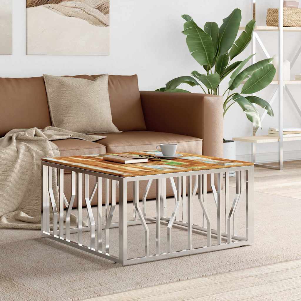 vidaXL Coffee Table Silver Stainless Steel and Solid Wood Reclaimed 1