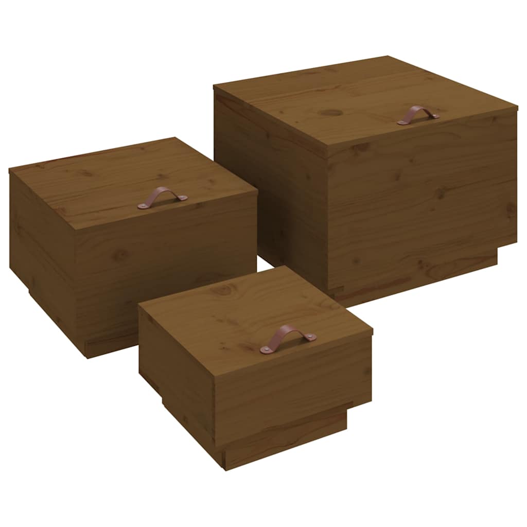 Storage Boxes with Lids 3 pcs Honey Brown Solid Wood Pine, image 2