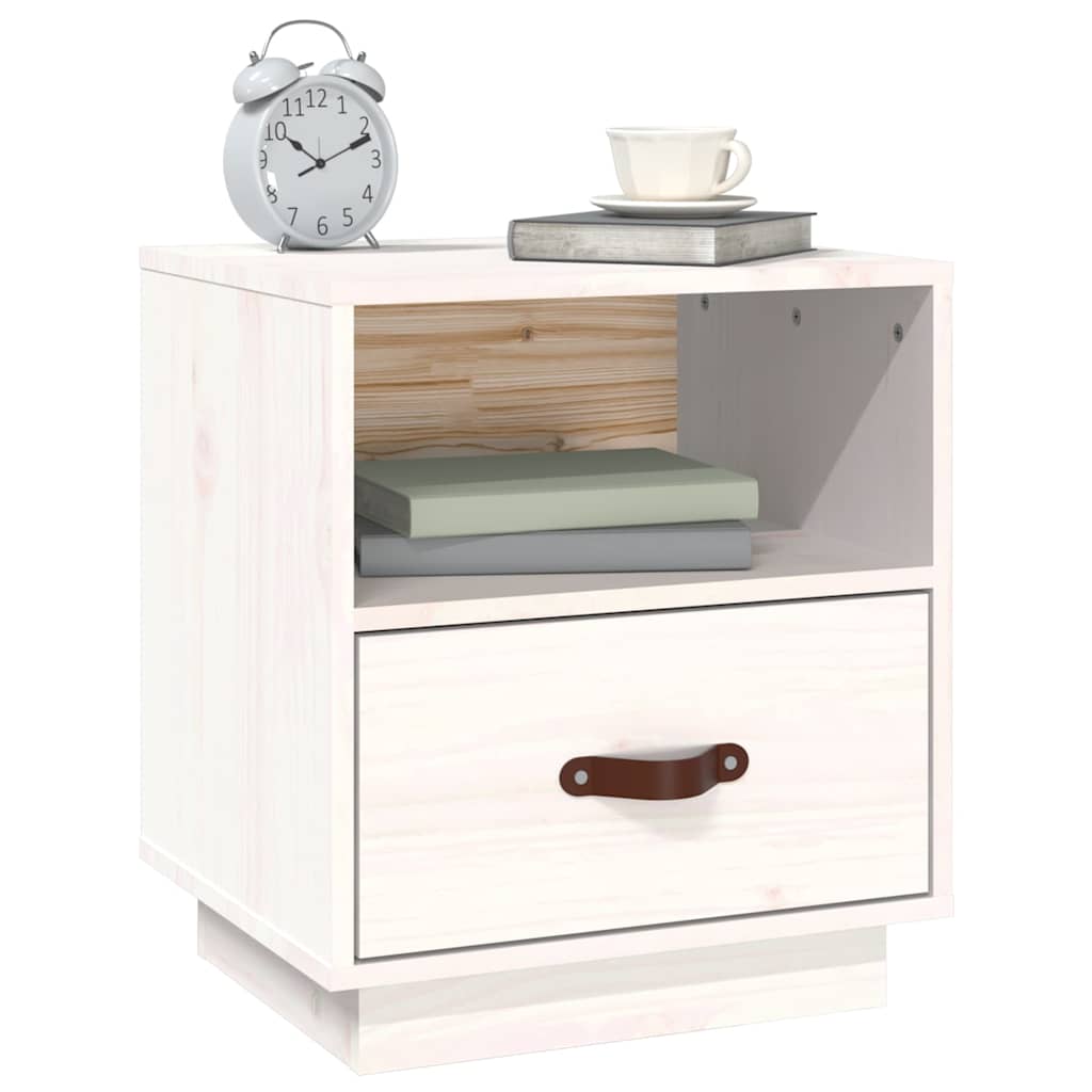 vidaXL Bedside Cabinet | White | Solid pine wood, faux leather (handle) 4