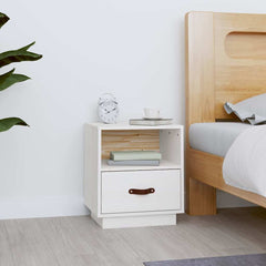 vidaXL Bedside Cabinet | White | Solid pine wood, faux leather (handle) 1