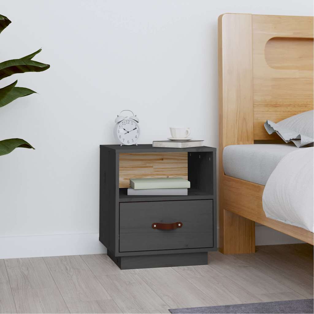 vidaXL Bedside Cabinet | Grey | Solid pinewood, faux leather (100% polyurethane) 1