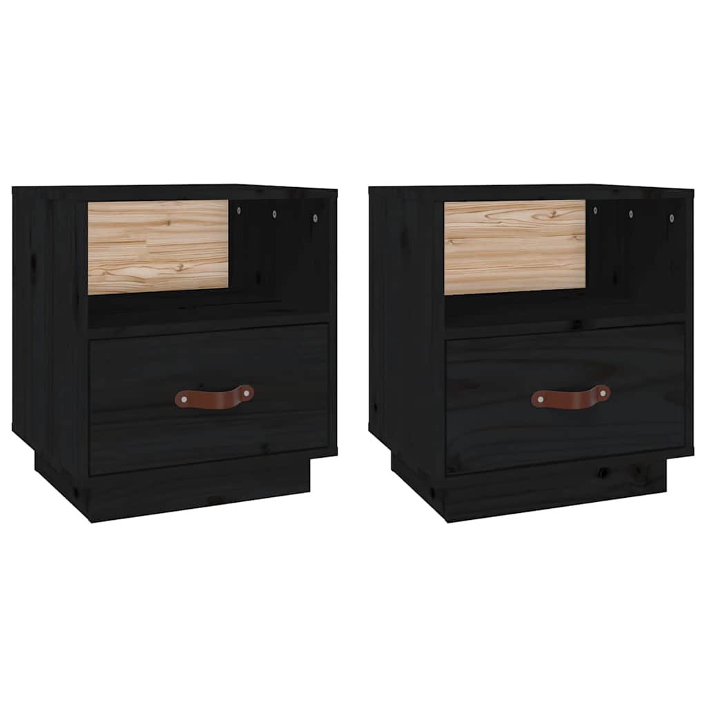 vidaXL Bedside Cabinet | Set of 2 | Black | Solid pine wood, faux leather 2