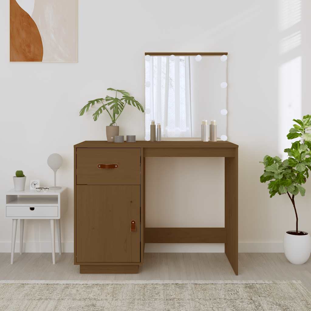 vidaXL Dressing Table with LED Honey Brown 95x50x133.5 cm Solid Wood Pine 4
