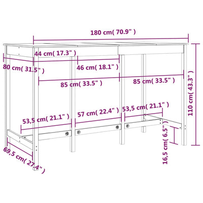 Bar Table Grey 180x80x110 cm Solid Wood Pine