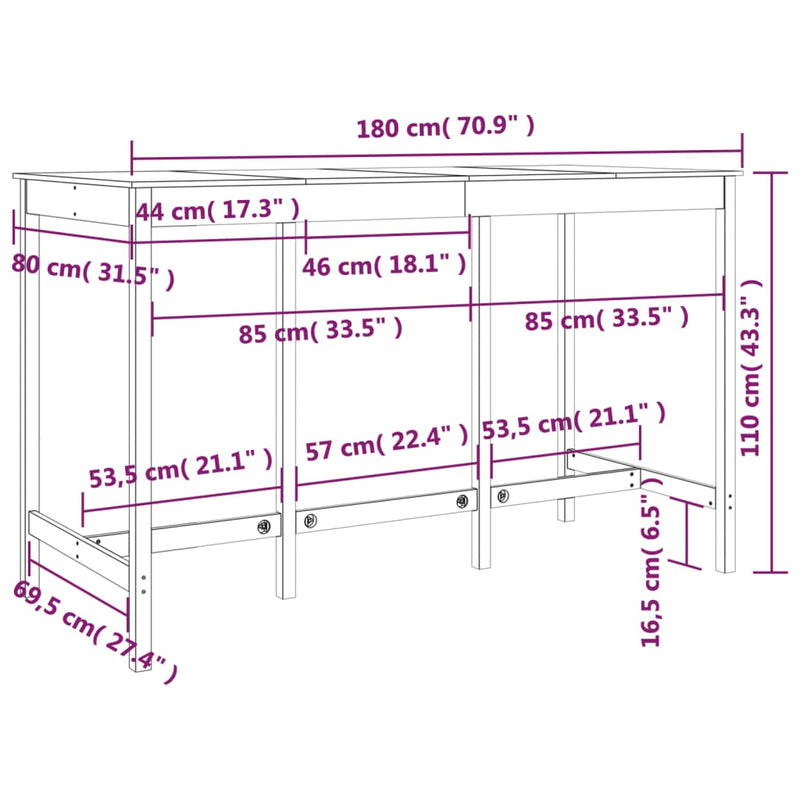 Bar Table Grey 180x80x110 cm Solid Wood Pine