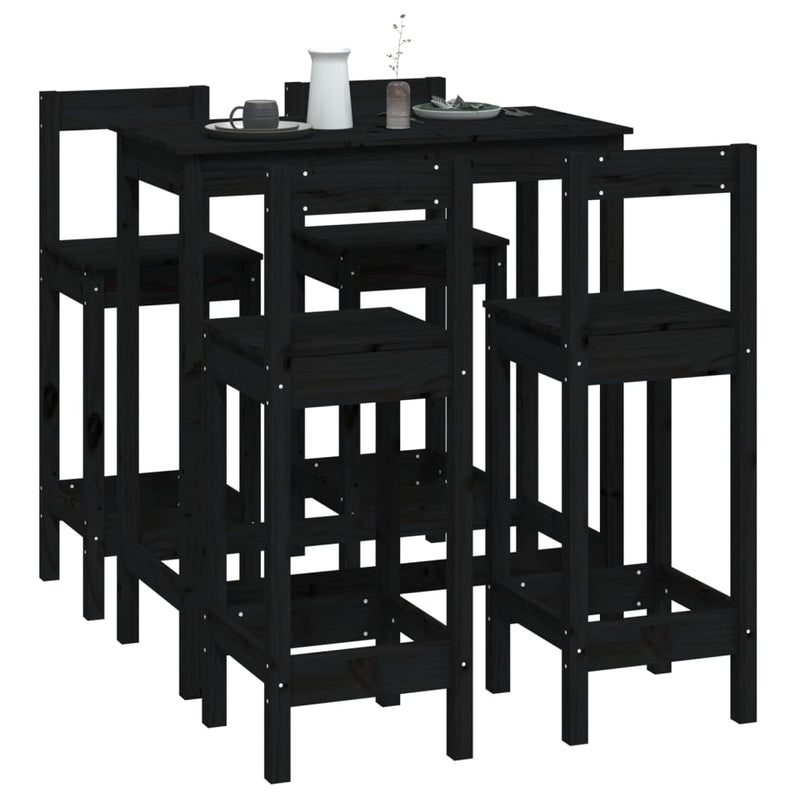 5 Piece Bar Set Black Solid Wood Pine