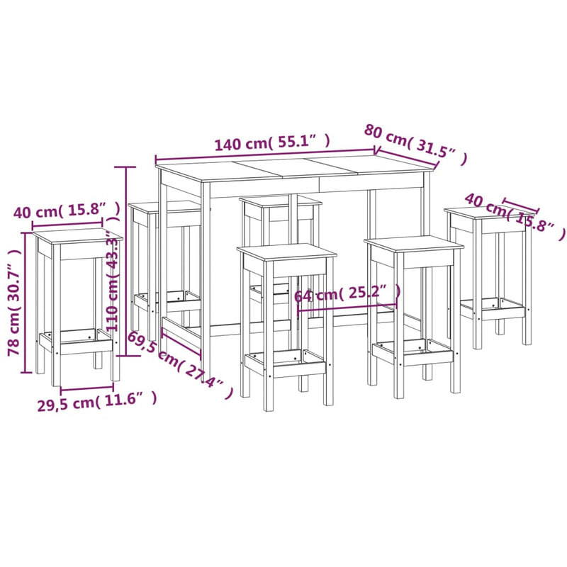 7 Piece Bar Set Grey Solid Wood Pine