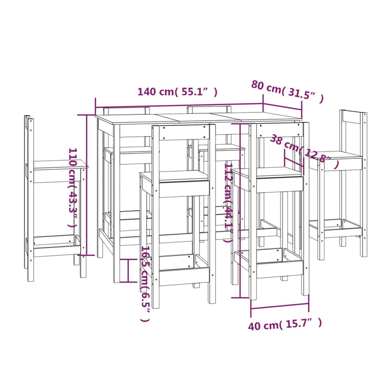 7 Piece Bar Set Solid Wood Pine