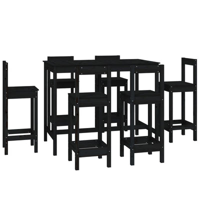 7 Piece Bar Set Black Solid Wood Pine