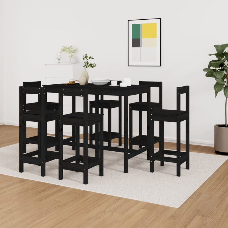 7 Piece Bar Set Black Solid Wood Pine