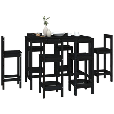 7 Piece Bar Set Black Solid Wood Pine