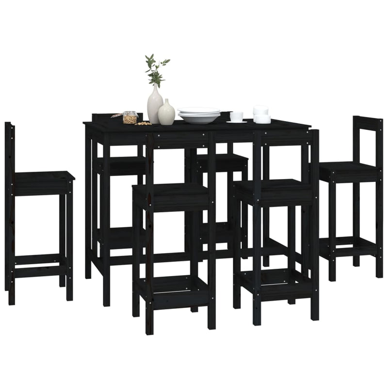 7 Piece Bar Set Black Solid Wood Pine