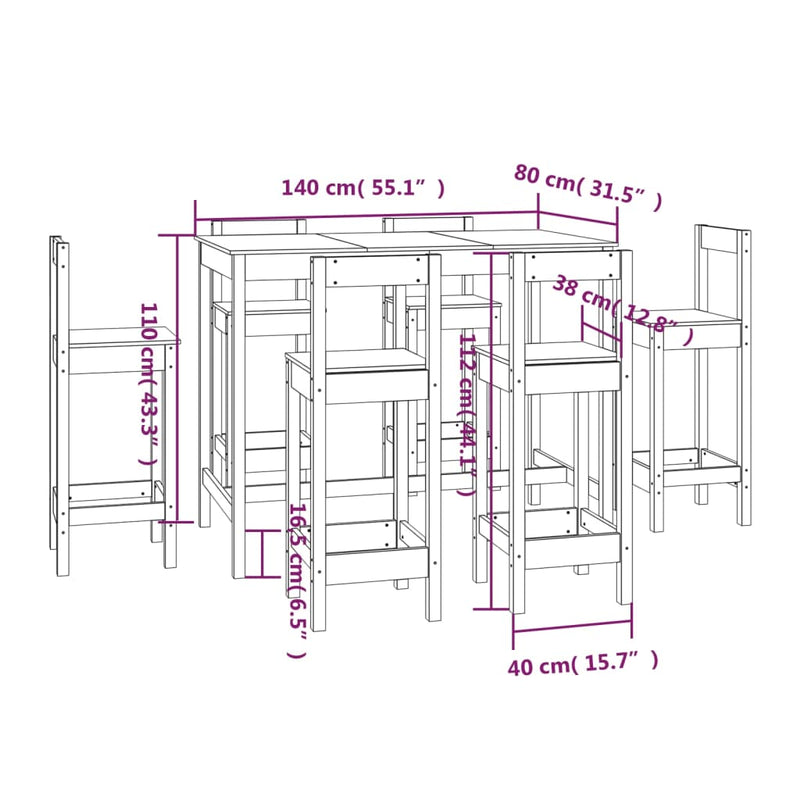 7 Piece Bar Set Black Solid Wood Pine