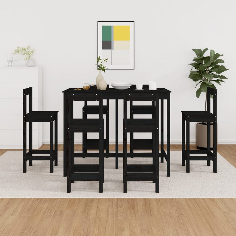 7 Piece Bar Set Black Solid Wood Pine