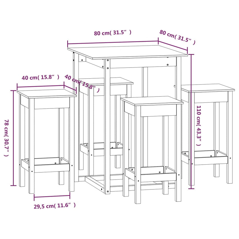 5 Piece Bar Set Grey Solid Wood Pine