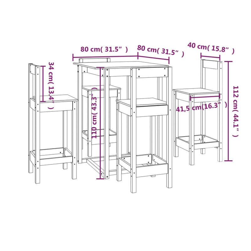 5 Piece Bar Set Honey Brown Solid Wood Pine