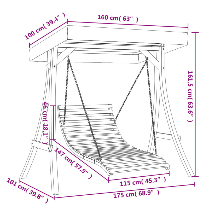 Swing Bed with Canopy Solid Wood Spruce with Teak Finish