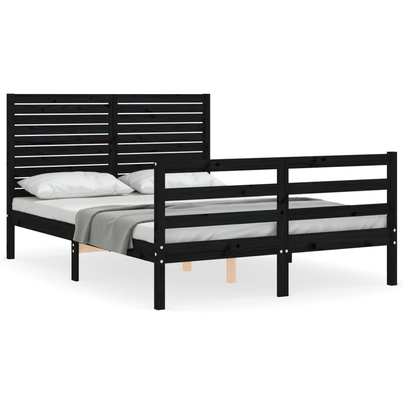 Bed Frame with Headboard Black Double Solid Wood