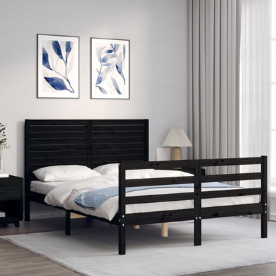 Bed Frame with Headboard Black Double Solid Wood