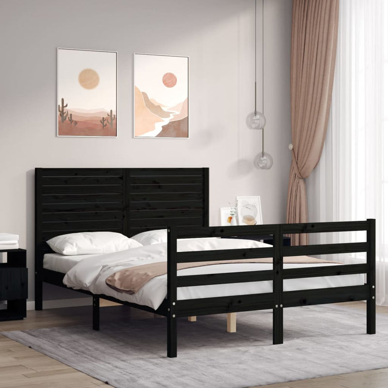 Bed Frame with Headboard Black Double Solid Wood