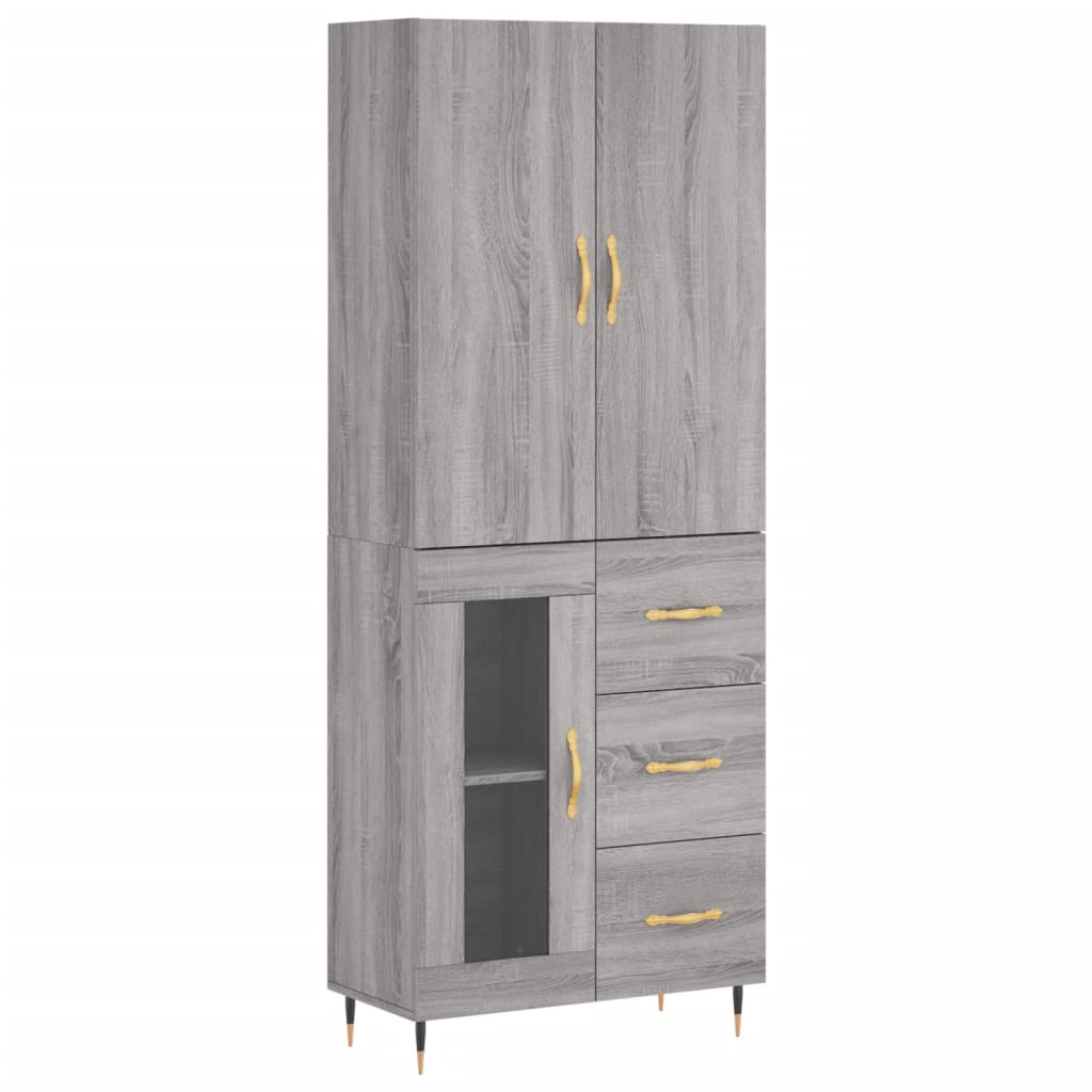 Highboard 69.5x34x180 cm Engineered Wood 1 Glass Door 3 Drawers Grey sonoma