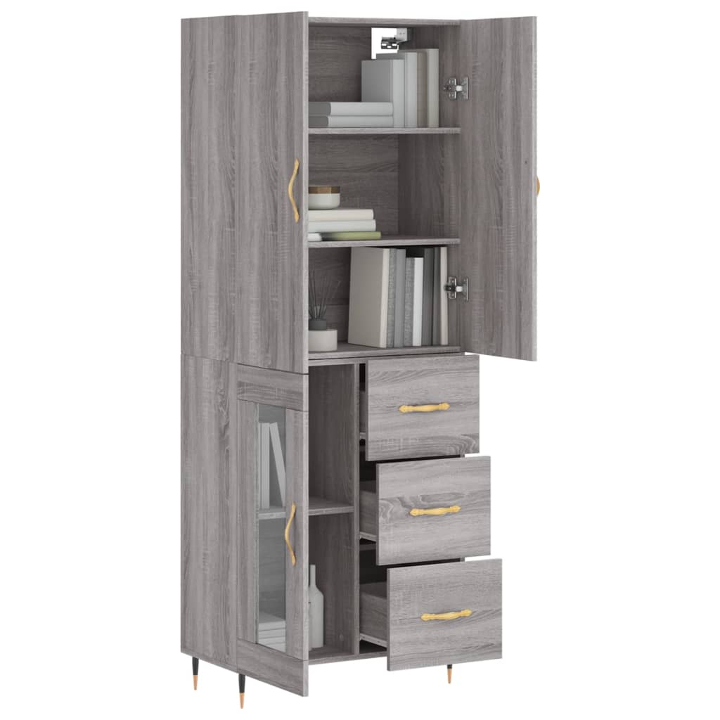 Highboard 69.5x34x180 cm Engineered Wood 1 Glass Door 3 Drawers Grey sonoma
