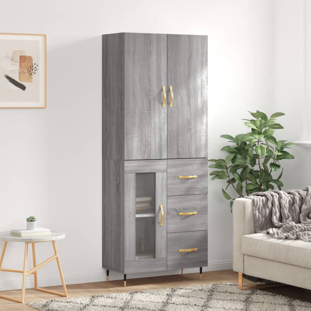 Highboard 69.5x34x180 cm Engineered Wood 1 Glass Door 3 Drawers Grey sonoma