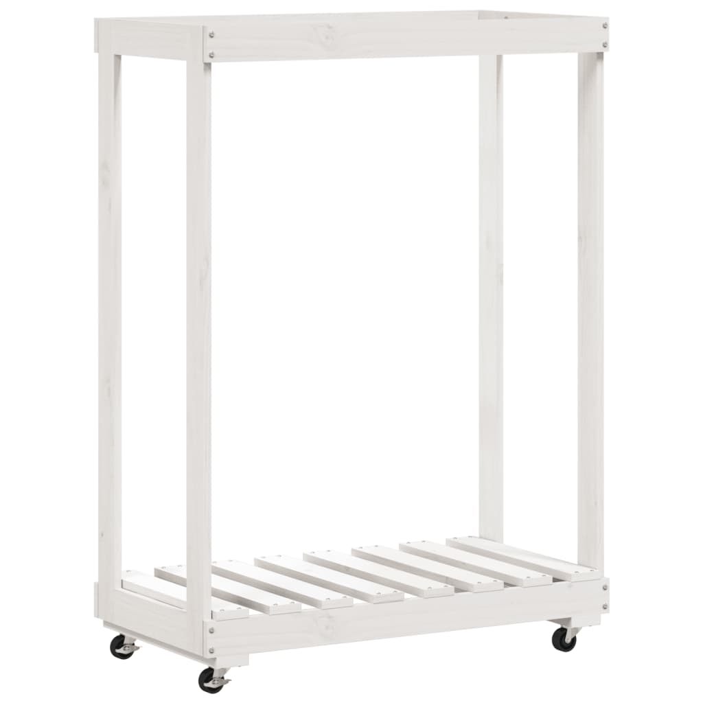 vidaXL Log Holder with Wheels White 76.5x40x108 cm Solid Wood Pine 2