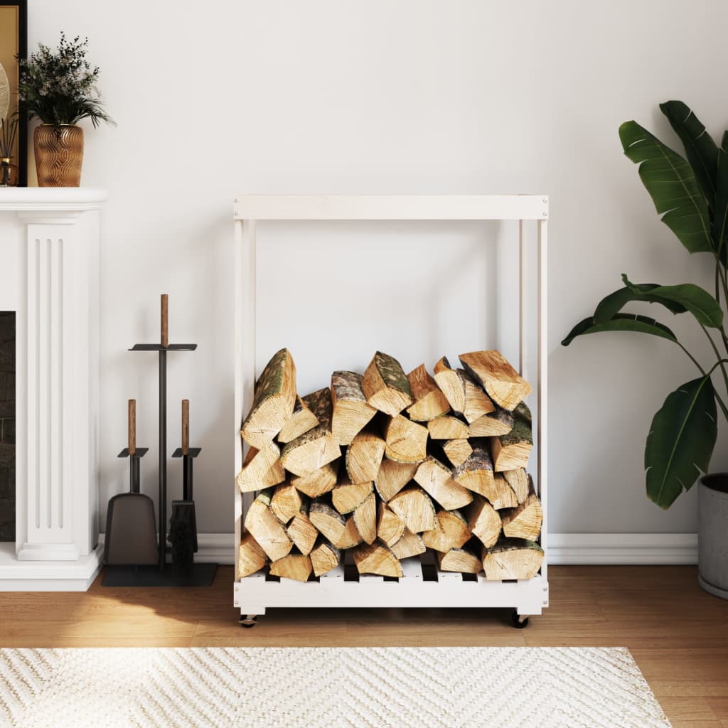 vidaXL Log Holder with Wheels White 76.5x40x108 cm Solid Wood Pine 1
