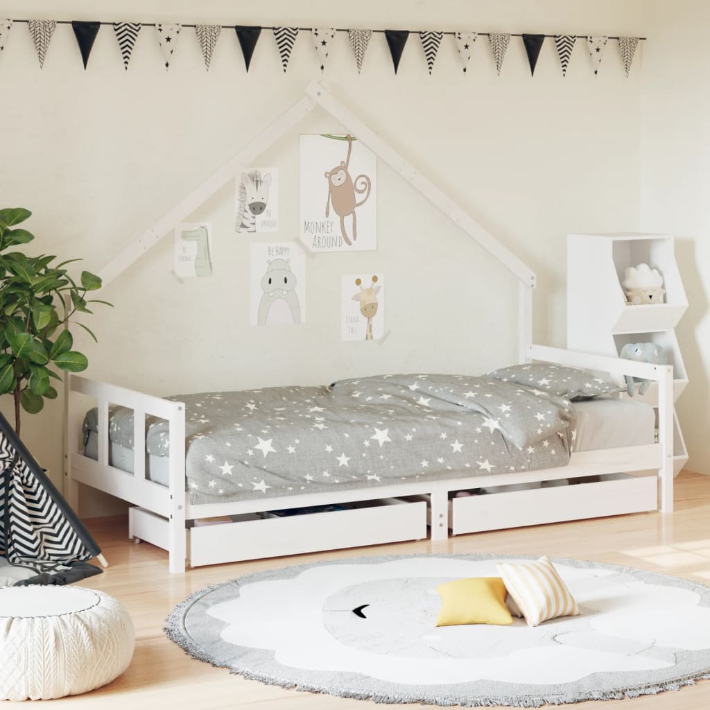 Kids Bed Frame with Drawers Solid Wood Pine White 90 cm 190 cm