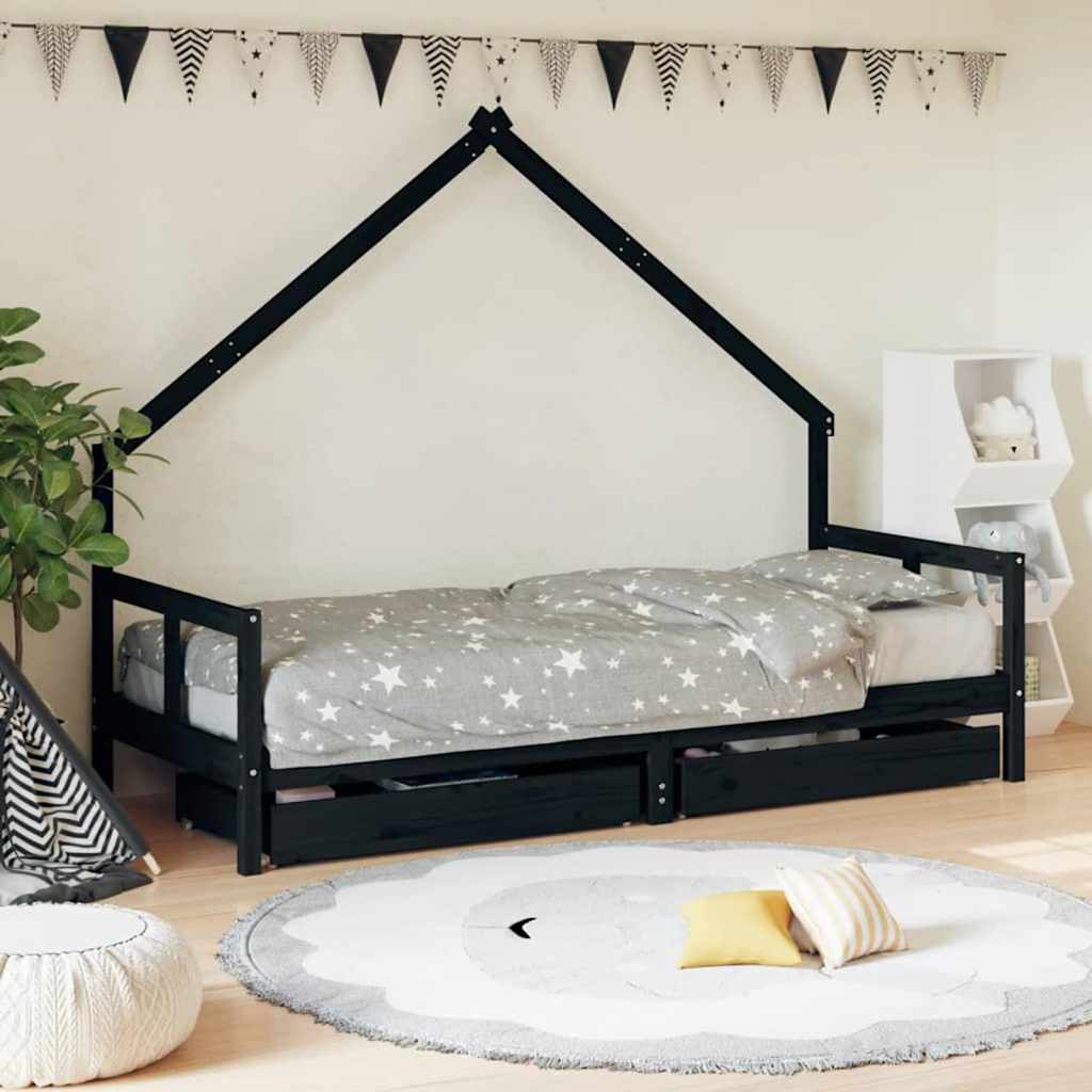 Kids Bed Frame with Drawers Solid Wood Pine Black 80 cm 200 cm