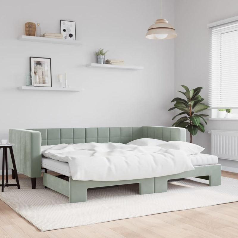 Daybed with Trundle and Mattresses Light Grey 90x190 cm Velvet