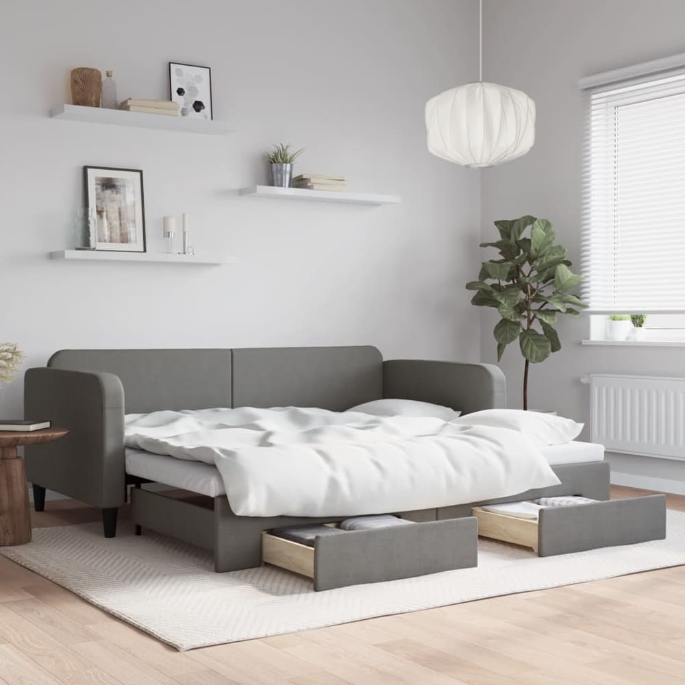 Daybed 90x190 cm Fabric Dark grey With trundle & drawer