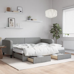 Daybed 90x190 cm Fabric Light grey With trundle & drawer & mattress