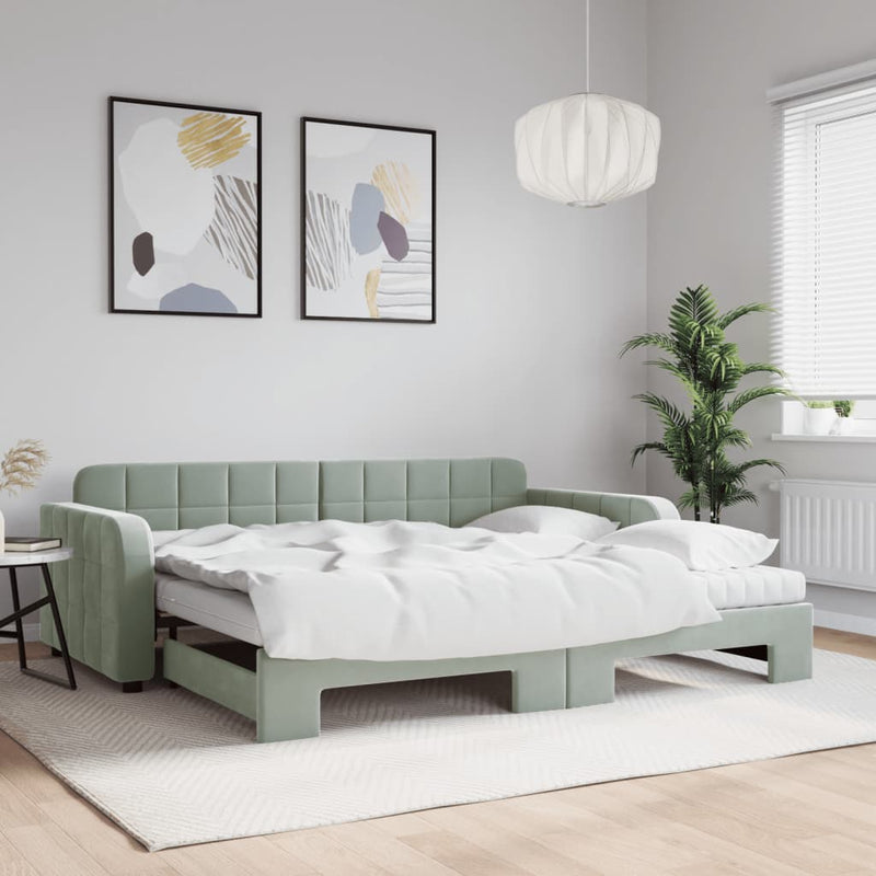 Daybed with Trundle and Mattresses Light Grey 90x190 cm Velvet