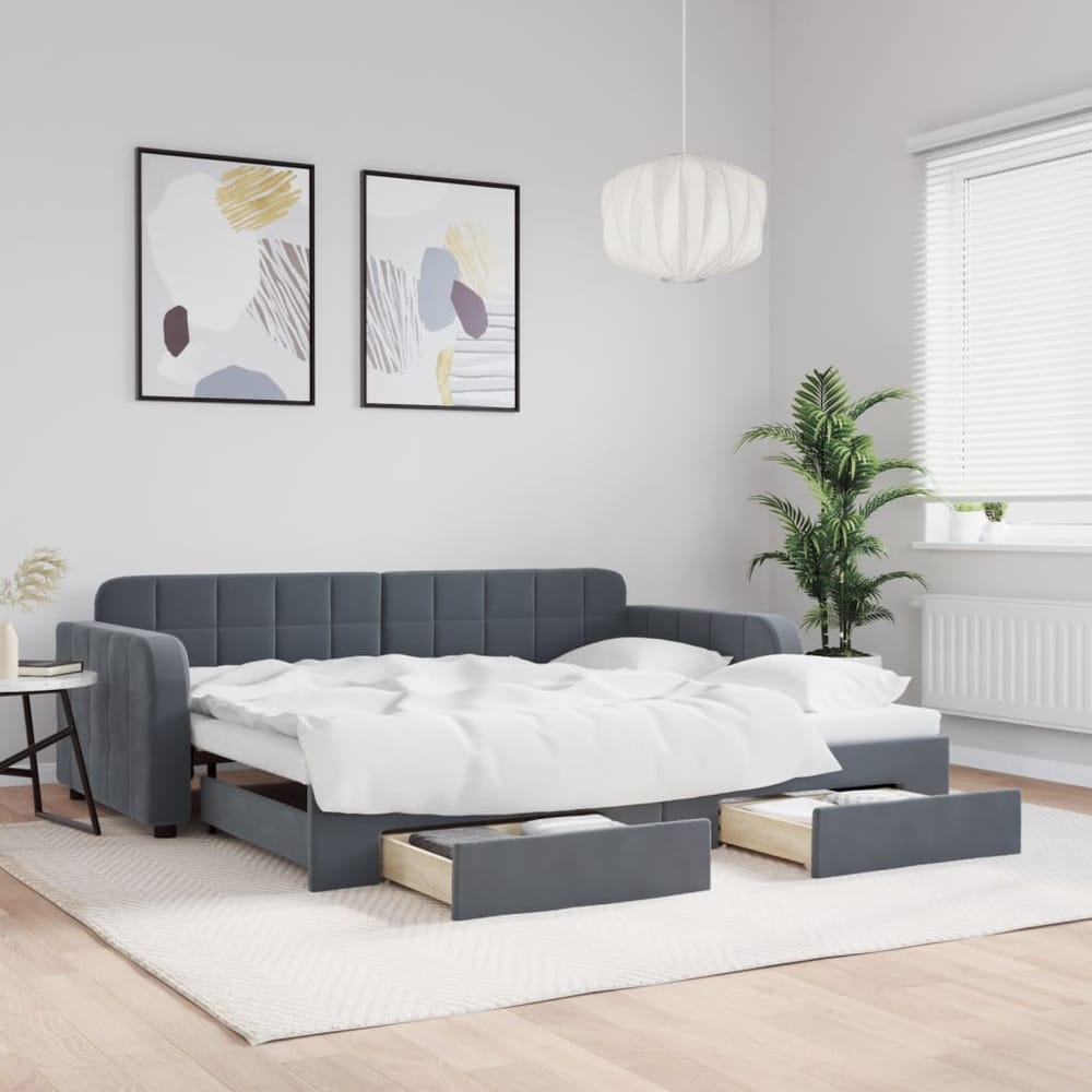 Daybed 90x190 cm Velvet Dark grey With trundle & drawer