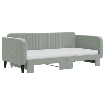 Daybed with Trundle and Mattresses Light Grey 90x190 cm Velvet