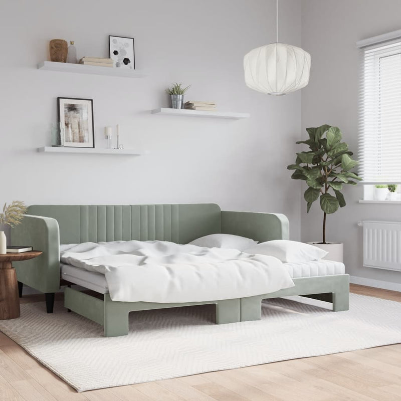 Daybed with Trundle and Mattresses Light Grey 90x190 cm Velvet