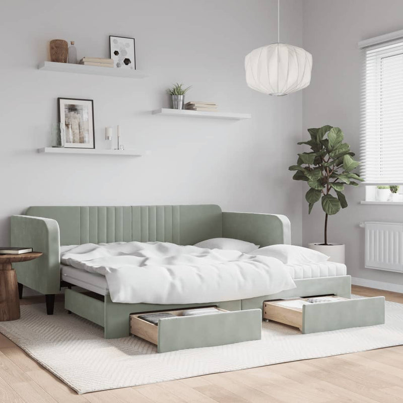 Daybed with Trundle and Drawers Light Grey 90x190 cm Velvet