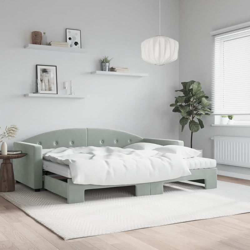 Daybed with Trundle and Mattresses Light Grey 90x190 cm Velvet