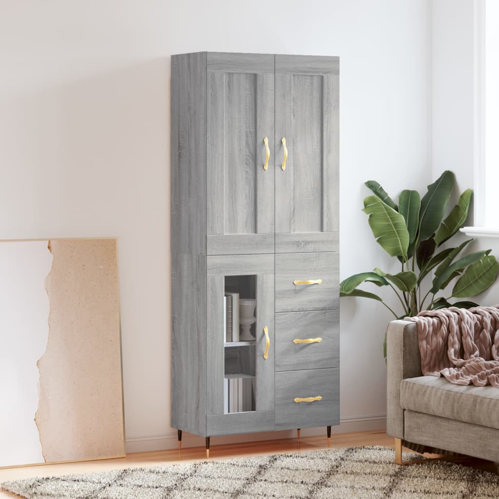 Highboard 69.5x34x180 cm Engineered Wood 1 Glass Door 3 Drawers Grey sonoma