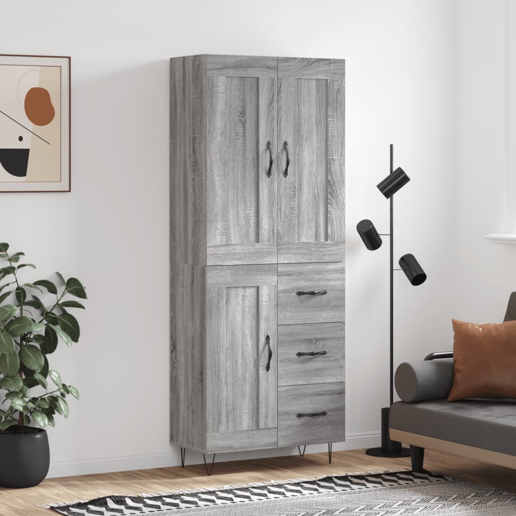 Highboard 69.5x34x180 cm Engineered Wood 1 Wood Door 3 Drawers Grey sonoma