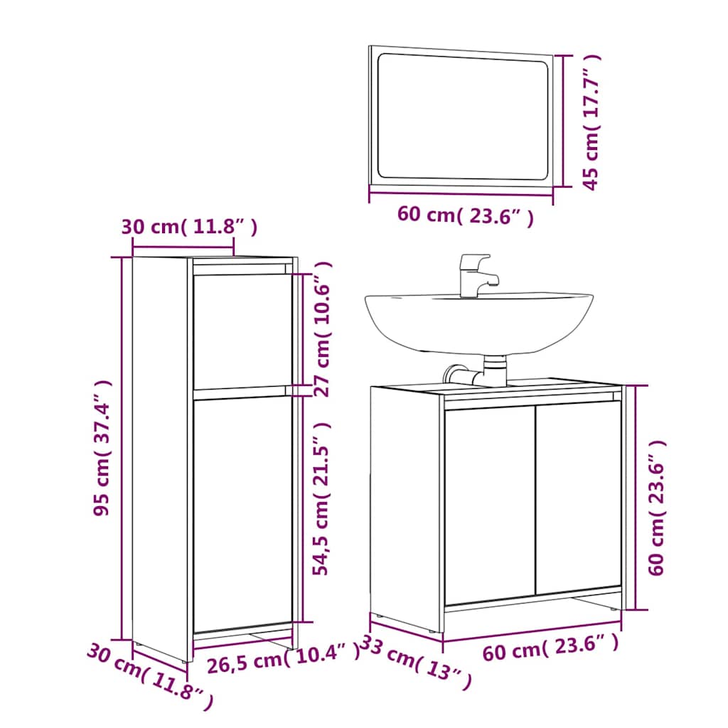3 Piece Bathroom Furniture Set Engineered Wood Smoked oak
