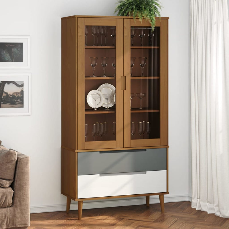 Vitrine Cabinet MOLDE Brown 90x35x175 cm Solid Wood Pine