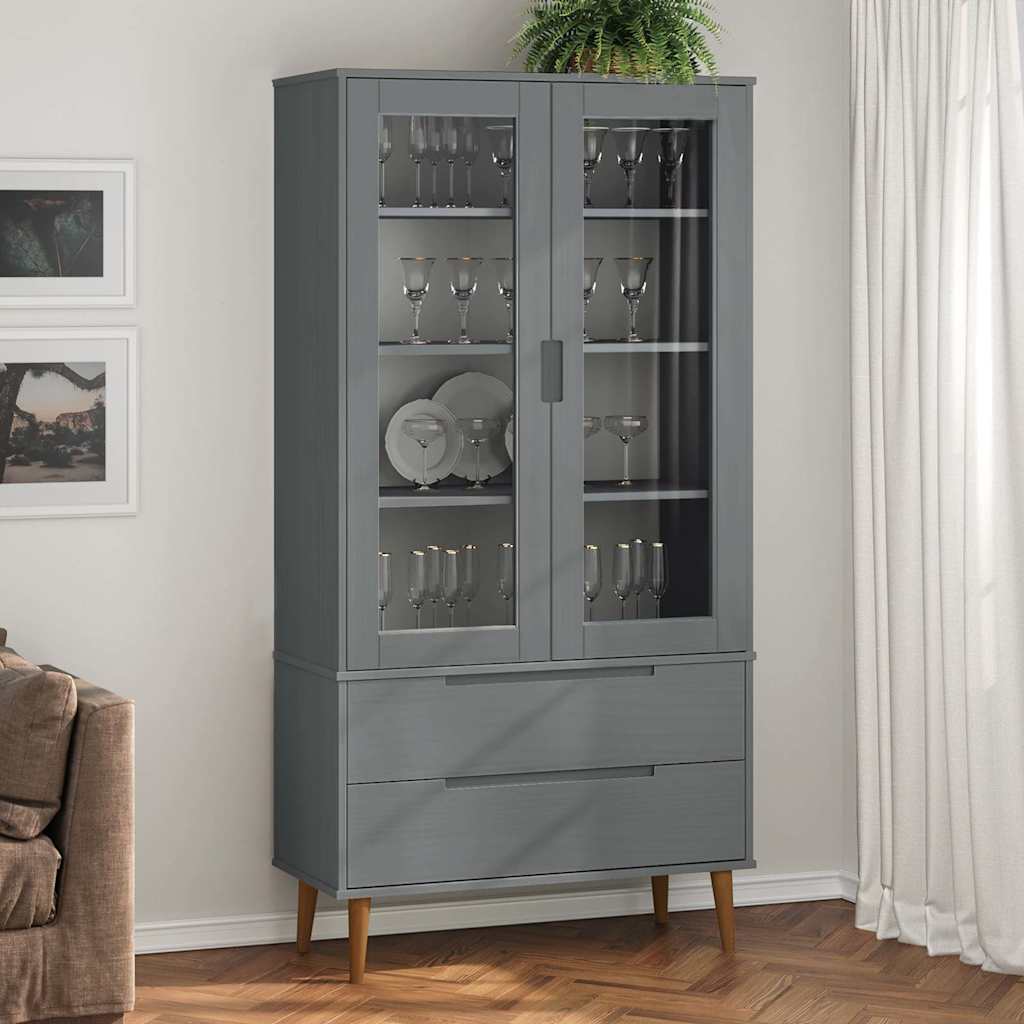 Vitrine Cabinet "MOLDE" 90x35x175 cm Solid Wood Pine Grey