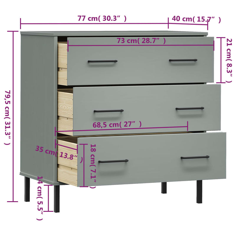 Aparador con 3 Cajones Gris 77x40x79,5 cm Madera Maciza OSLO