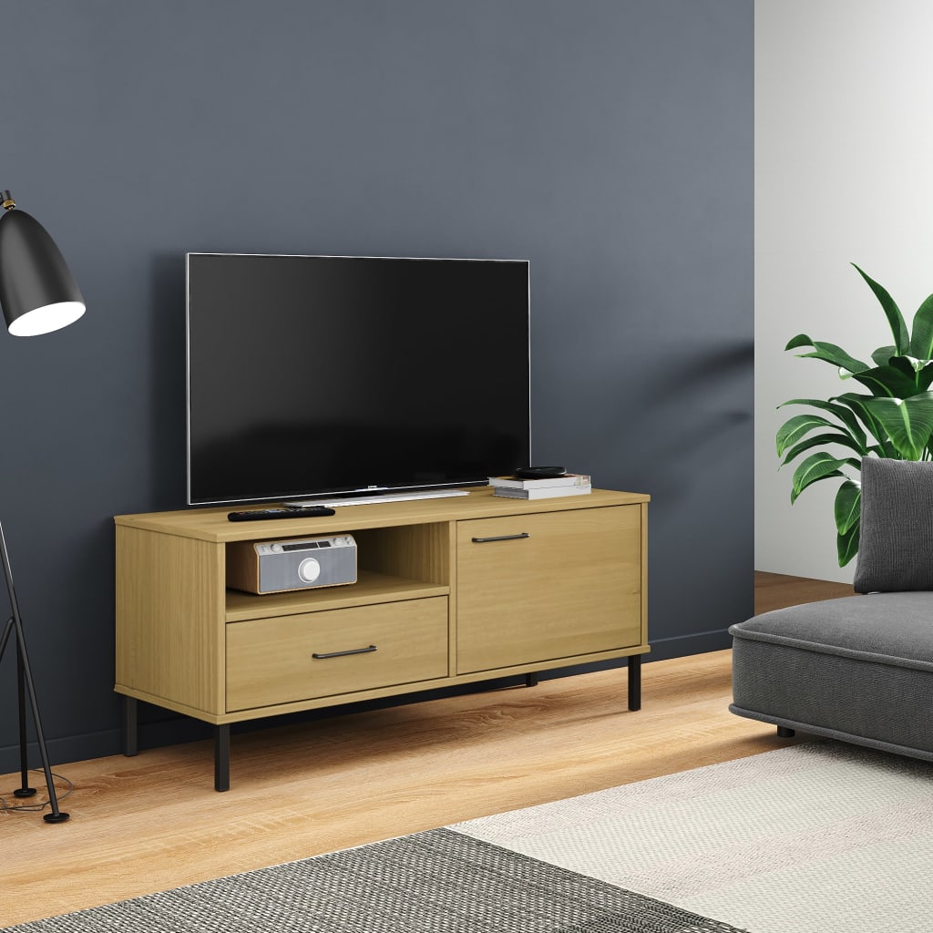 TV Cabinet with Metal Legs Solid Wood Pine "OSLO Brown